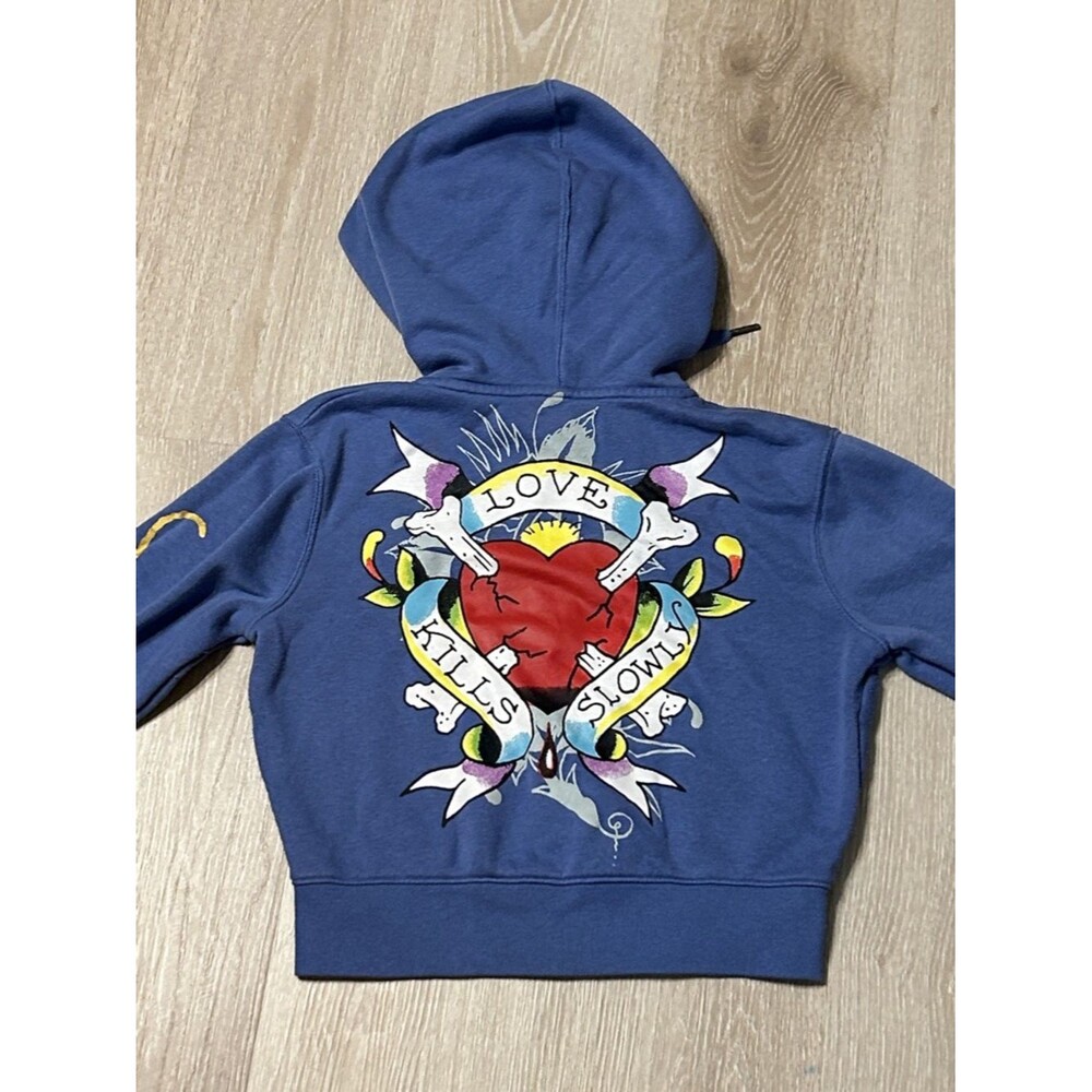Ed Hardy Free Bird Cropped Zip Up Graphic Front and Back Hoodie sz Medium - Picture 7 of 8